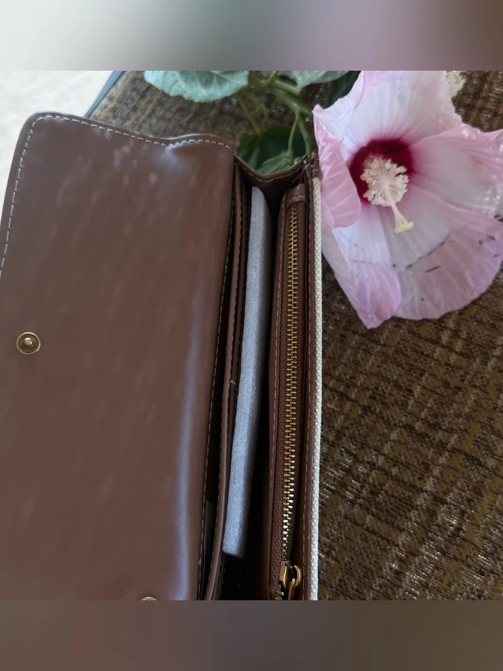 Steve Madden Beige and Taupe Canvas Wristlet with Unique Gold Accent Hardwares